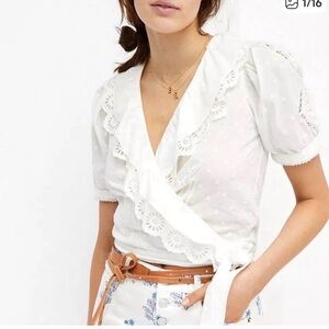 White Eyelet Wrap Tie Blouse - Women's Top Anthropologie